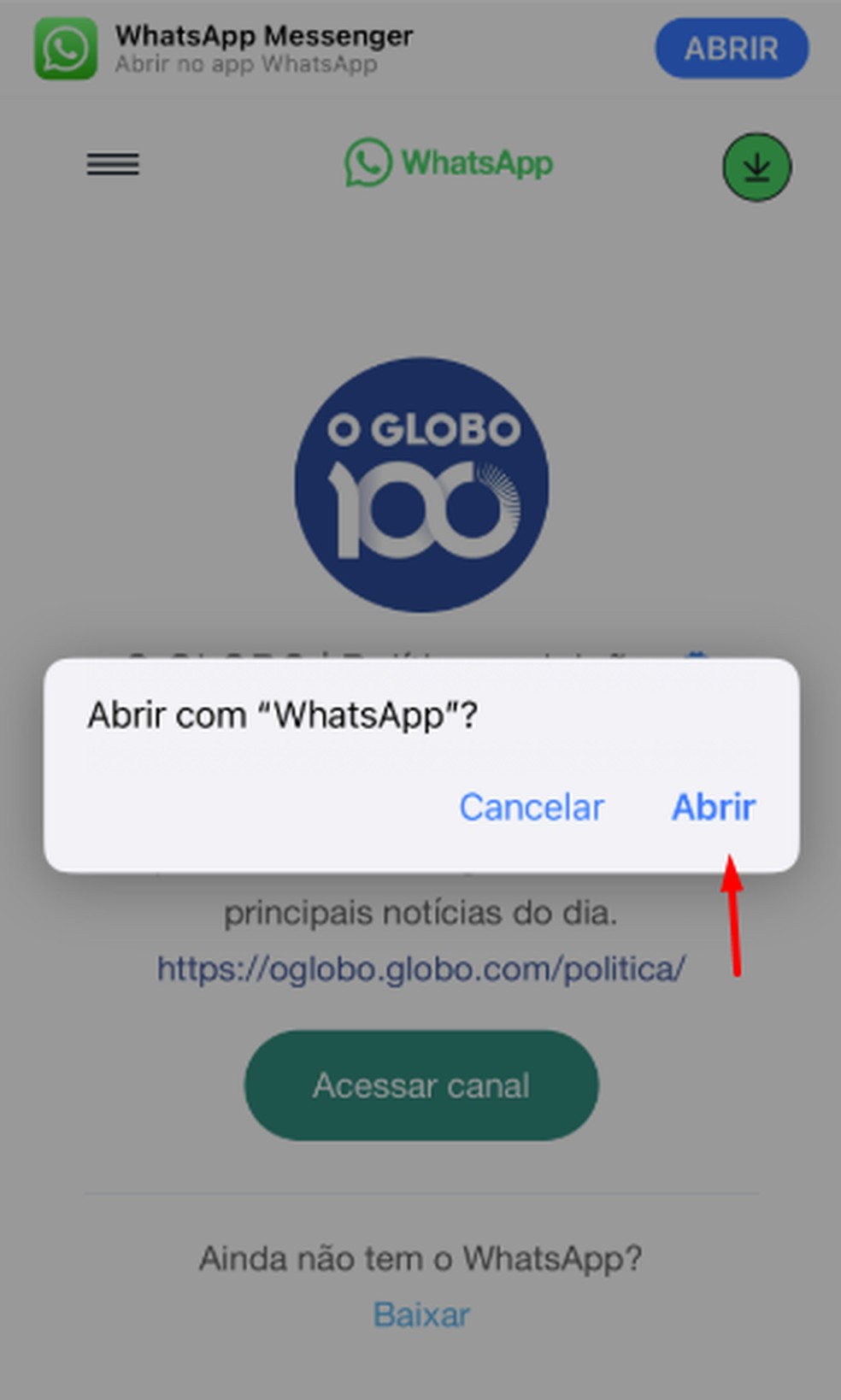 Abrir com WhatsApp — Foto: Reprodução
