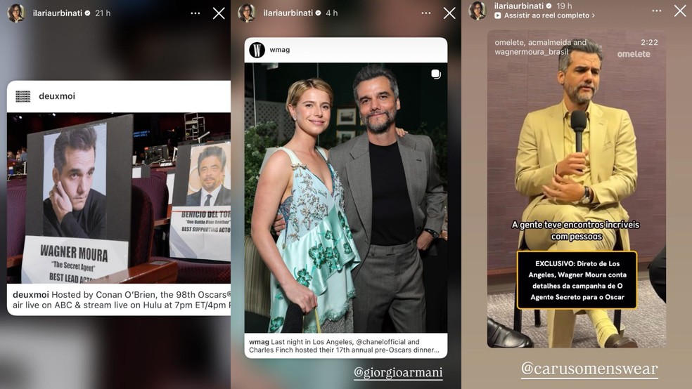 Posts da stylist Ilaria Urbinati sobre Wagner Moura — Foto: Reprodução/redes sociais