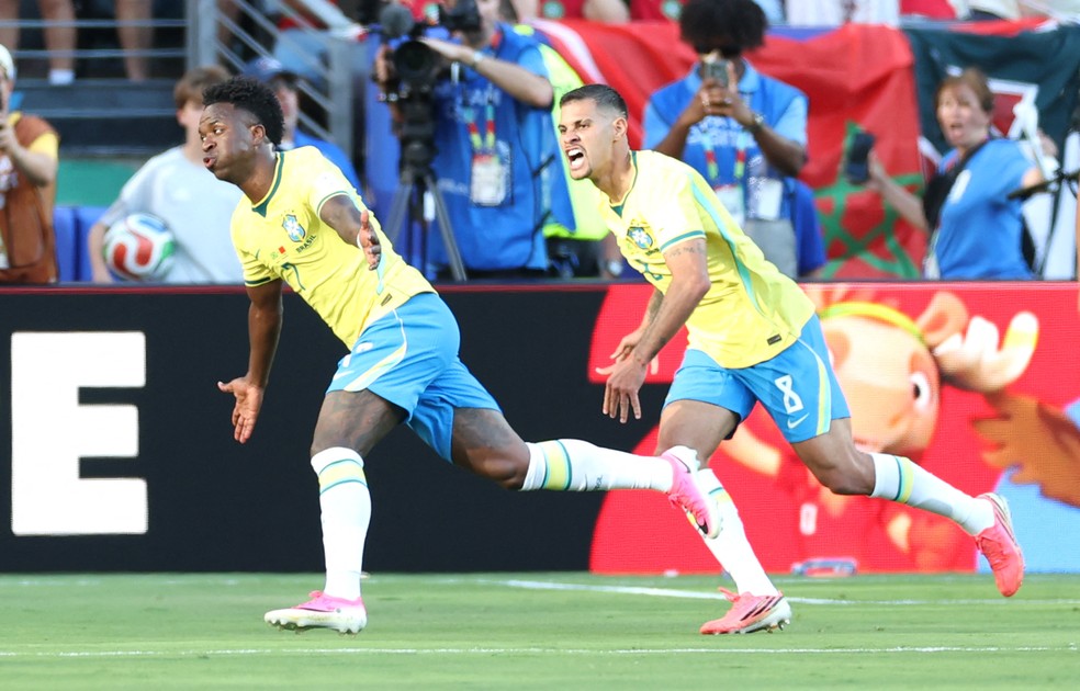 Vini Jr. fez o gol do Brasil no empate com o Marrocos pela Copa do Mundo 2026 — Foto: Dan Mullan/Getty Images/AFP