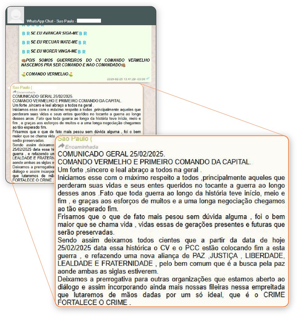 Conversa entre líderes do CV e do PCC mostram acordo para encerrar mortes e estabelecer união — Foto: Reprodução