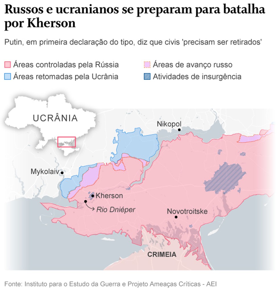 Mapa dos combates em Kherson, no Sul da Ucrânia — Foto: Editoria de Arte