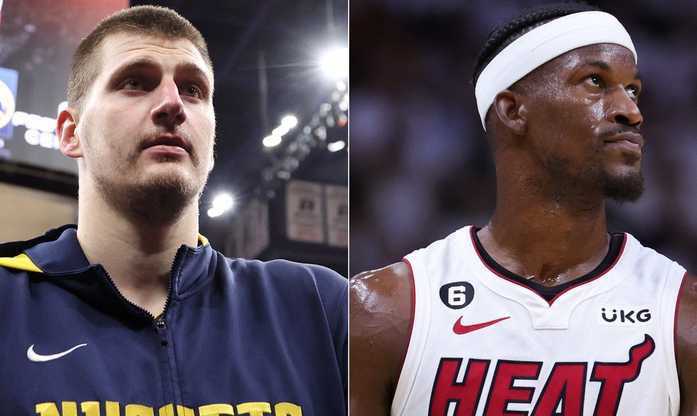 Jokic e Butler lideram os finalistas Nuggets e Heat na NBA — Foto: Christian Petersen/Getty Images/AFP e Megan Briggs/Getty Images/AFP