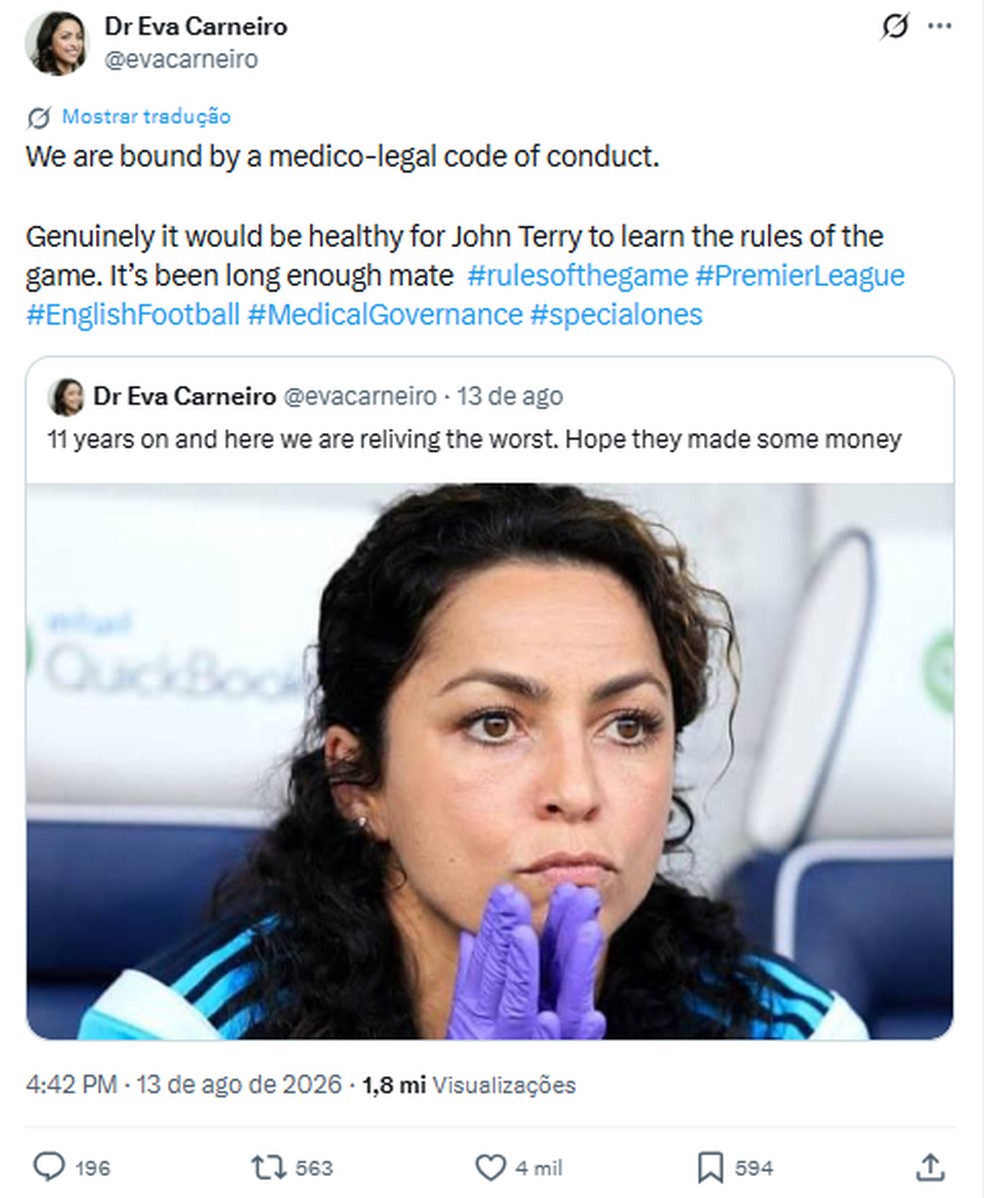 Ex-m&eacute;dica do Chelsea, Eva Carneiro &mdash; Foto: Reprodu&ccedil;&atilde;o / X / @evacarneiro