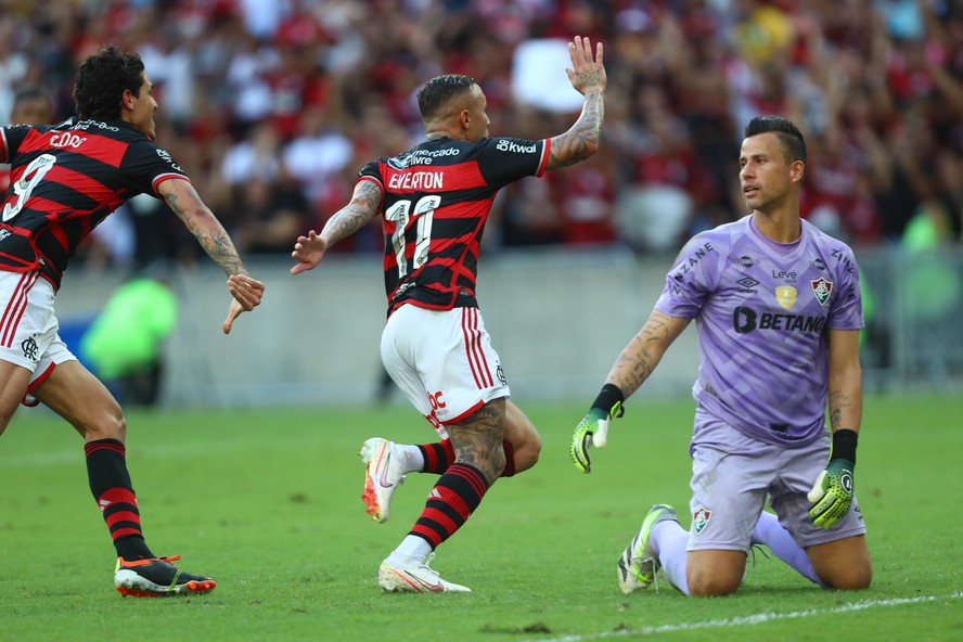 Pedro e Cebolinha comemoram o gol do Flamengo sobre o Fluminense de Fábio