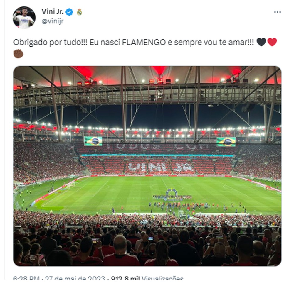 Vinicius Junior se emociona com homenagem da torcida do Flamengo — Foto: Reprodução 