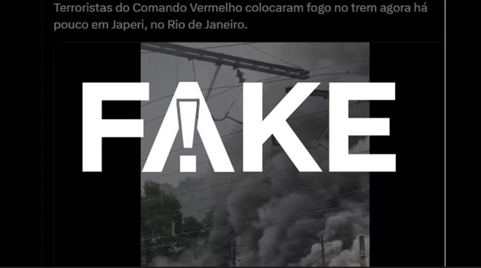 É #FAKE que Comando Vermelho tenha incendiado um trem no Rio de Janeiro em retaliação à megaoperação desta terça-feira — Foto: Reprodução
