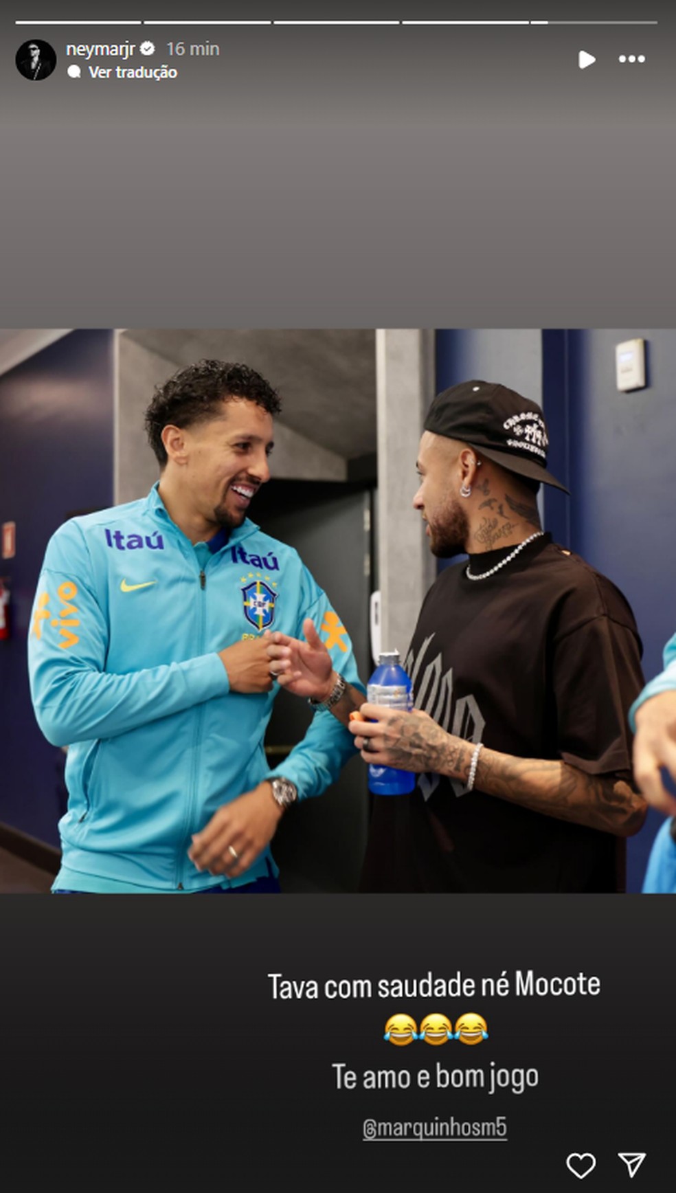 Neymar posta foto com Marquinhos antes de jogo da seleção brasileira — Foto: Reprodução/Redes sociais