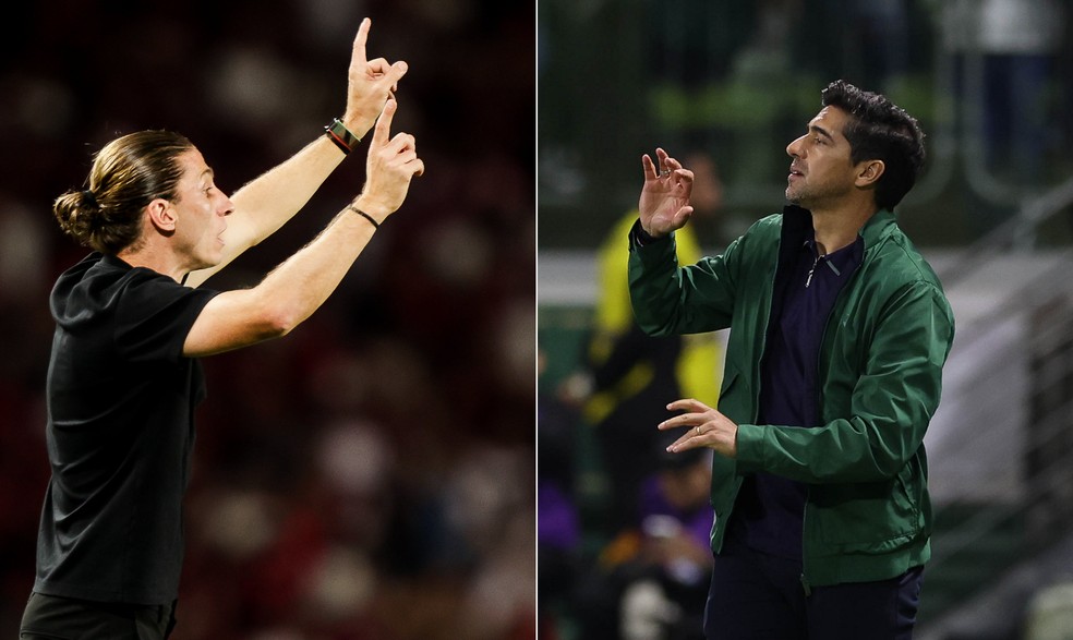 Filipe Luís e Abel Ferreira têm longevidade como técnicos de Flamengo e Palmeiras — Foto: Gilvan de Souza/Flamengo; Cesar Greco/Palmeiras