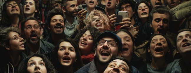 O que foi informado ao sistema: imagem hiper-realista retrata um homem tirando uma selfie com os amigos em um cinema lotado. As pessoas assistem a uma comédia e riem muito — Foto: Imagem gerada por Midjourney