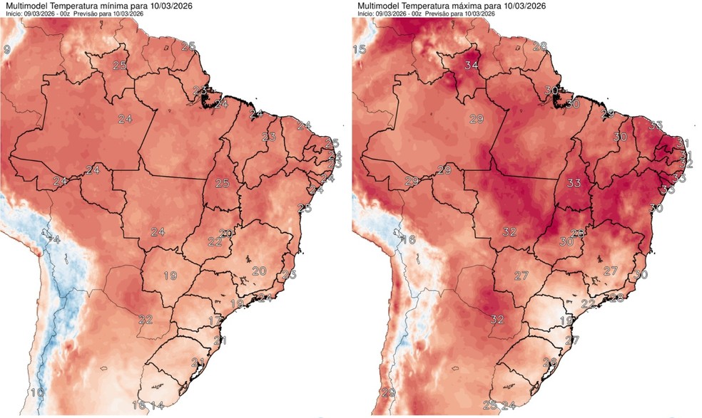 Previsão de mínima e máxima em todo o país, segundo o INPE, para 10 de março de 2026 — Foto: Reprodução / INPE