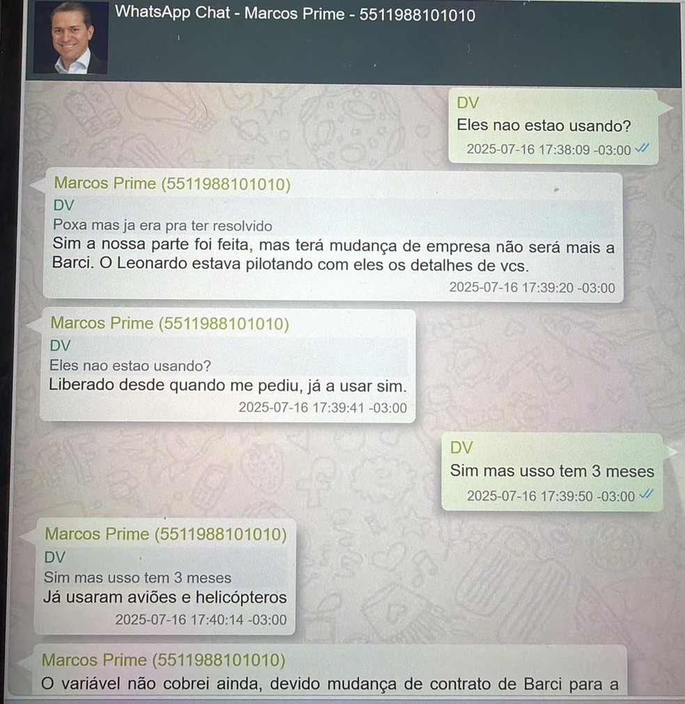Mensagem entre Vorcaro e Marcos Matta sobre uso de jato por Moraes — Foto: Divulgação