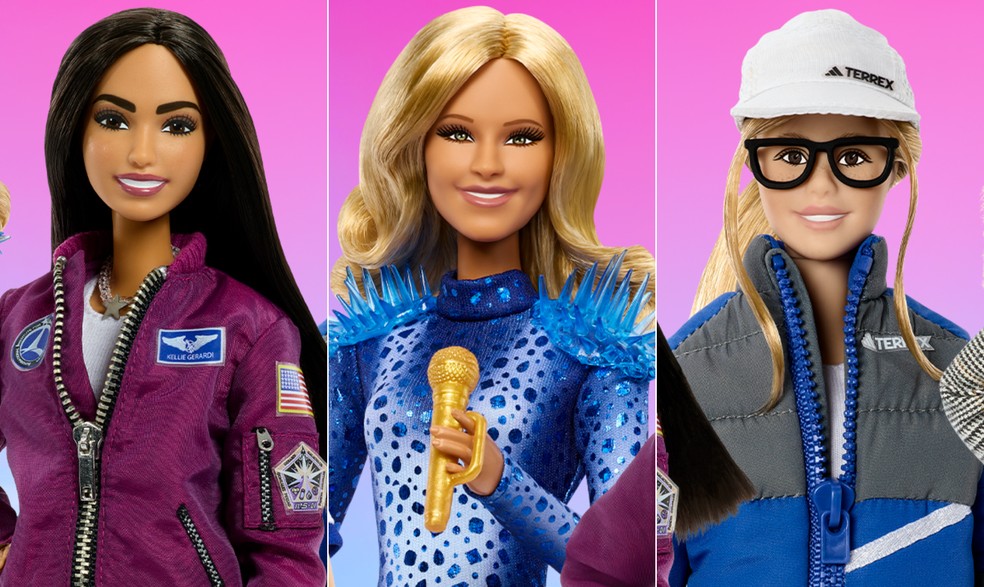 As barbies da astronauta de pesquisa Kellie Gerardi (esquerda), da cantora alemã Helene Fischer (centro) e da alpinista polonesa Zoja Skubis (direita) — Foto: Divulgação: Mattel