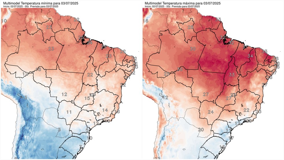 Temperaturas mínima (à esquerda) e máxima (à direita) previstas para as capitais do país nesta quinta — Foto: Reprodução/Inpe