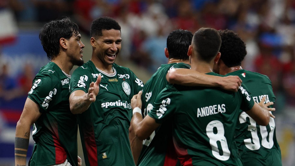 Jogadores do Palmeiras comemoram gol contra o Bahia, durante partida válida pelo Campeonato Brasileiro — Foto: Cesar Greco/Palmeiras