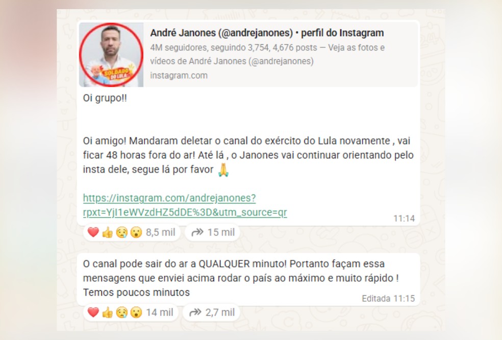 Janones reage &agrave; suspens&atilde;o do canal 'Ex&eacute;rcito do Lula': 'pode sair do ar a qaualquer minuto &mdash; Foto: Reprodu&ccedil;&atilde;o