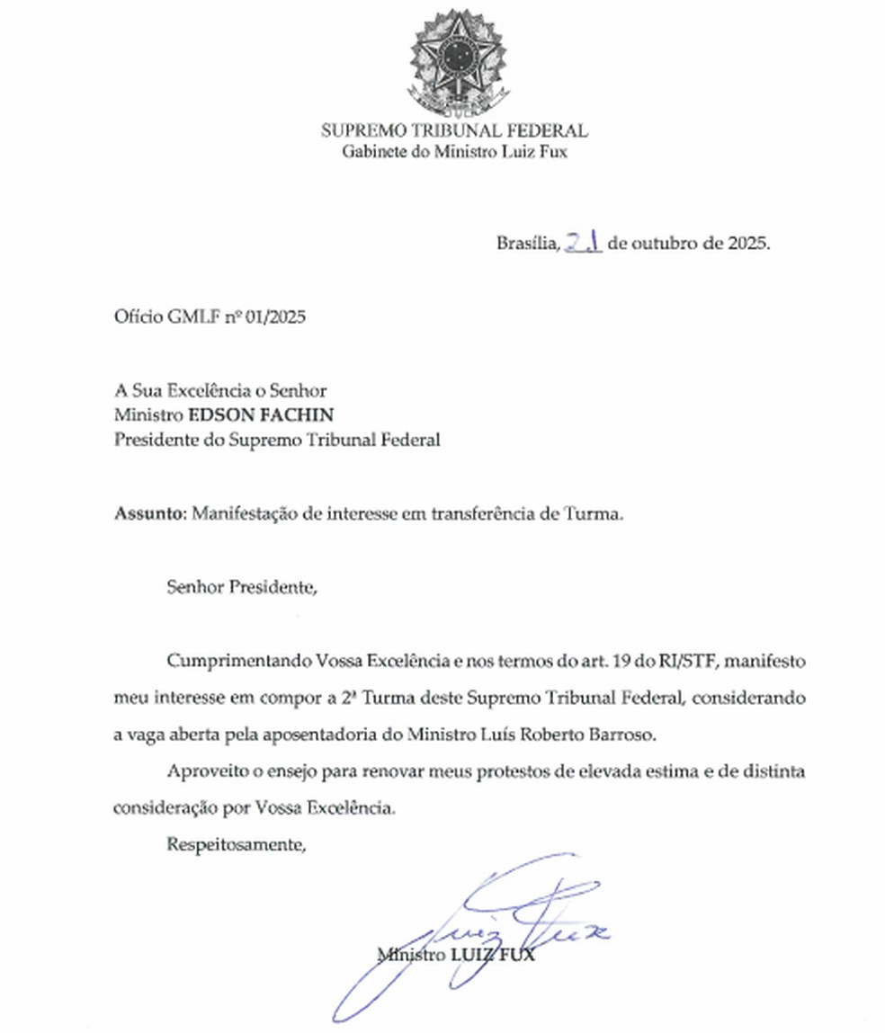 O ofício enviado pelo ministro do STF Luiz Fux ao presidente da Corte, Edson Fachin, manifestando sua intenção de migrar para a Segunda Turma — Foto: Reprodução