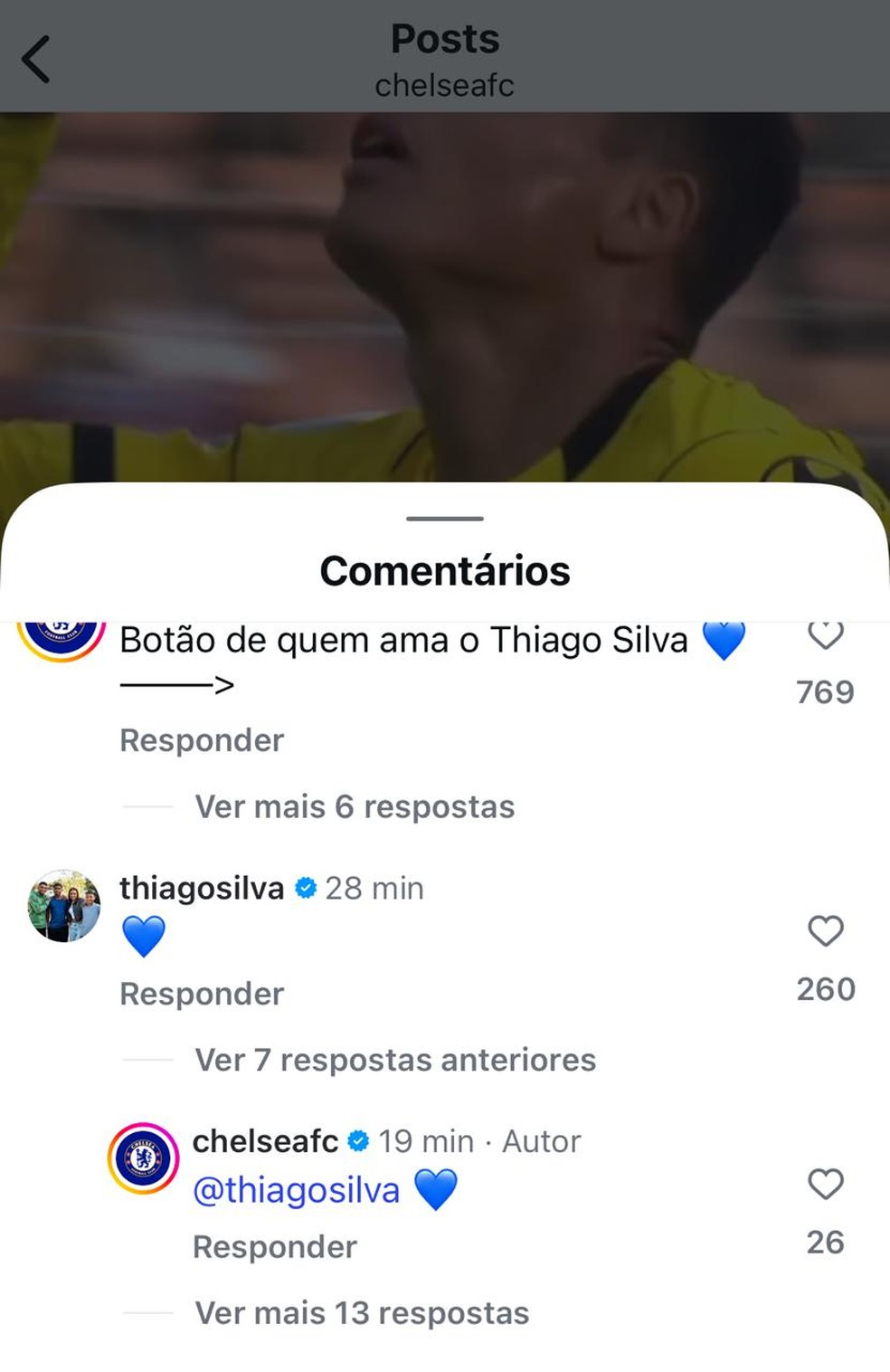Thiago Silva responde post do Chelsea — Foto: Reprodução/Redes sociais