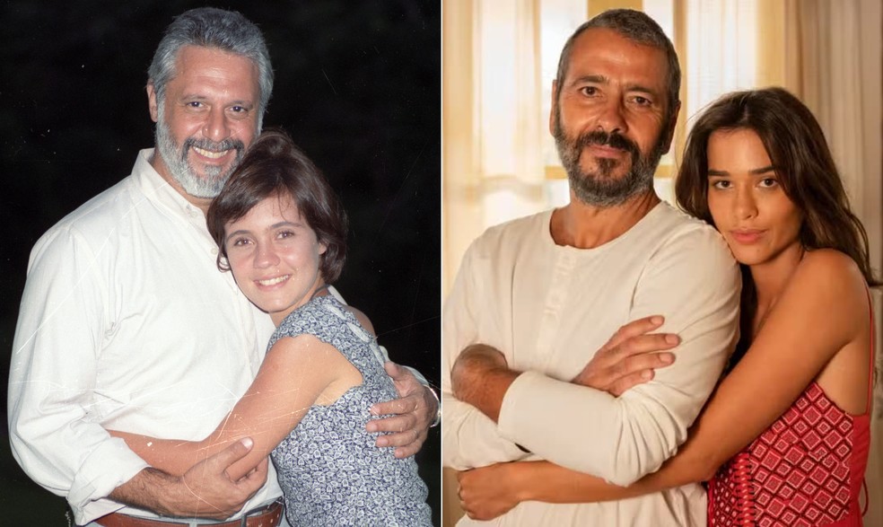 No remake de 'Renascer', Marcos Palmeira e Theresa Fonseca (à direita) interpretam os personagens Mariana e José Inocêncio, que foram encarnados por Antonio Fagundes e Adriana Esteves (à esquerda), na versão original da novela, em 1993 — Foto: Ivo Gonzalez/Agência O Globo e Fábio Rocha/TV Globo/Divulgação