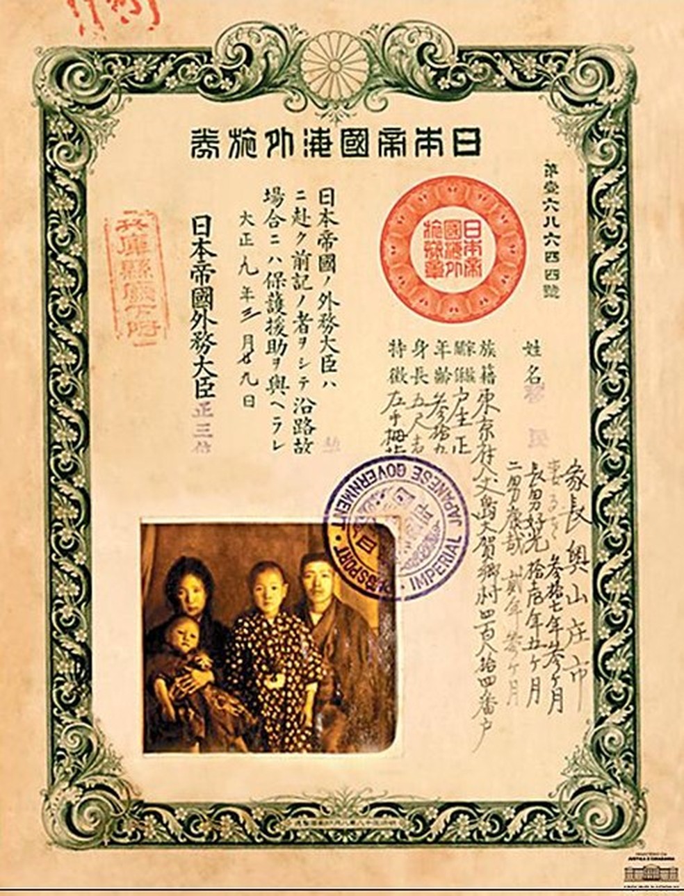 Passaporte de imigrantes japoneses na década de 1920 — Foto: Arquivo Nacional