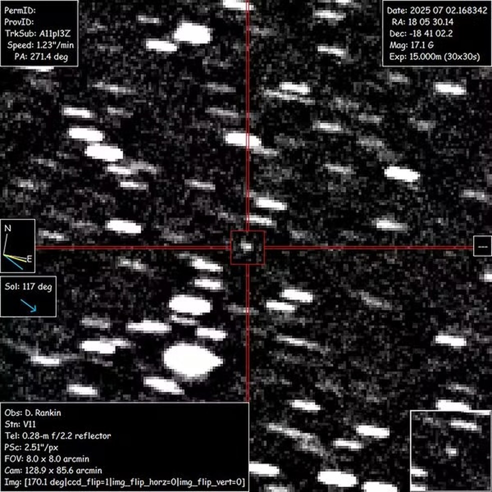 Imagem mostra o cometa 3I/ATLAS registrado por David Rankin, do Catalina Sky Survey, na Universidade do Arizona — Foto: David Rankin/Saguaro Observatory