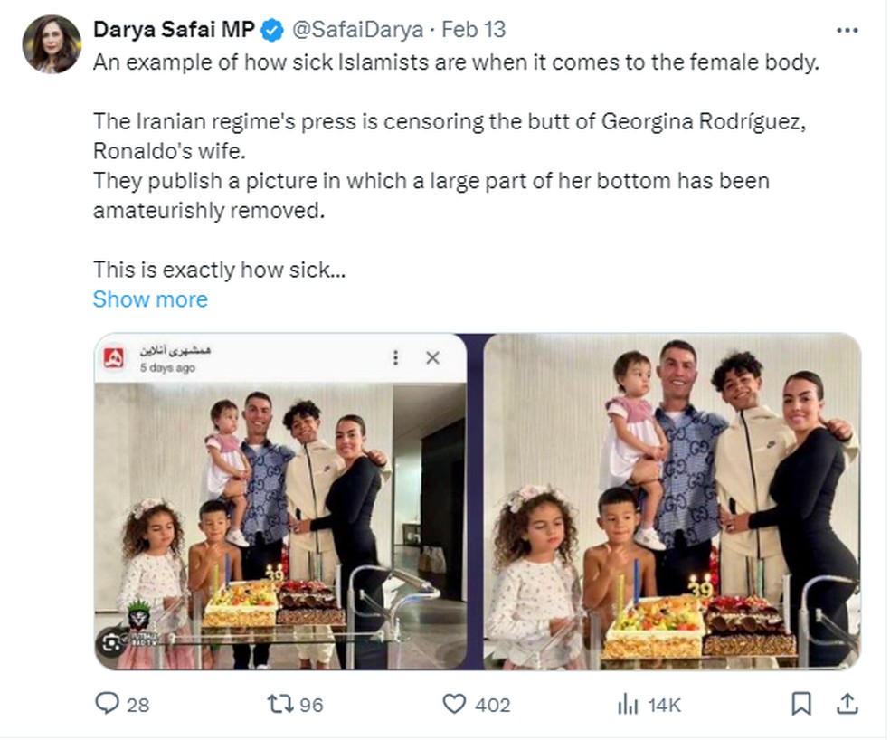 Postagem de deputada da Bélgica sobre manipulação de foto de Georgina — Foto: Reprodução