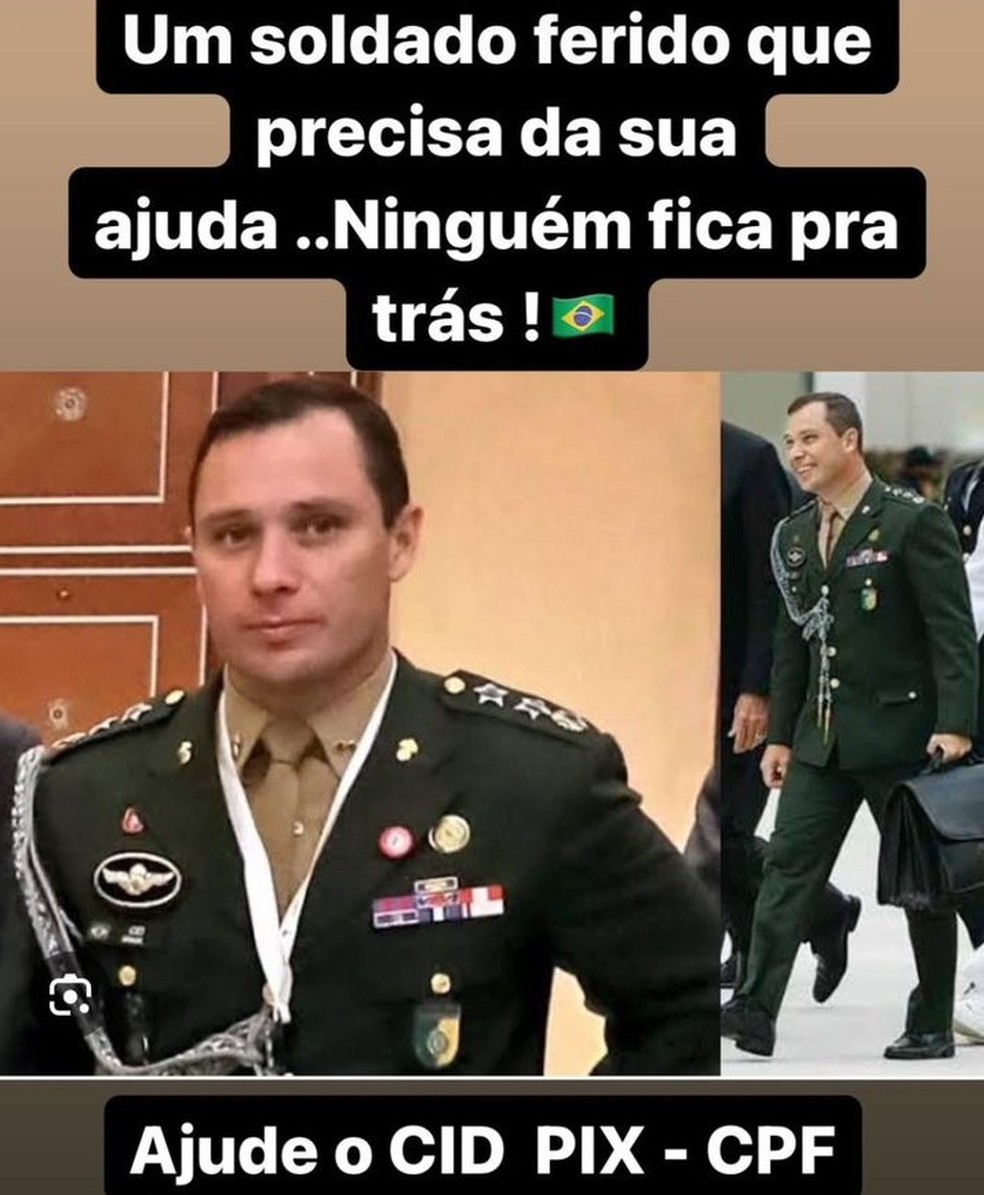 Montagem que circula em grupos de WhatsApp apela por doações para o tenente-coronel Mauro Cid, ex-ajudante de ordens de Jair Bolsonaro — Foto: Reprodução