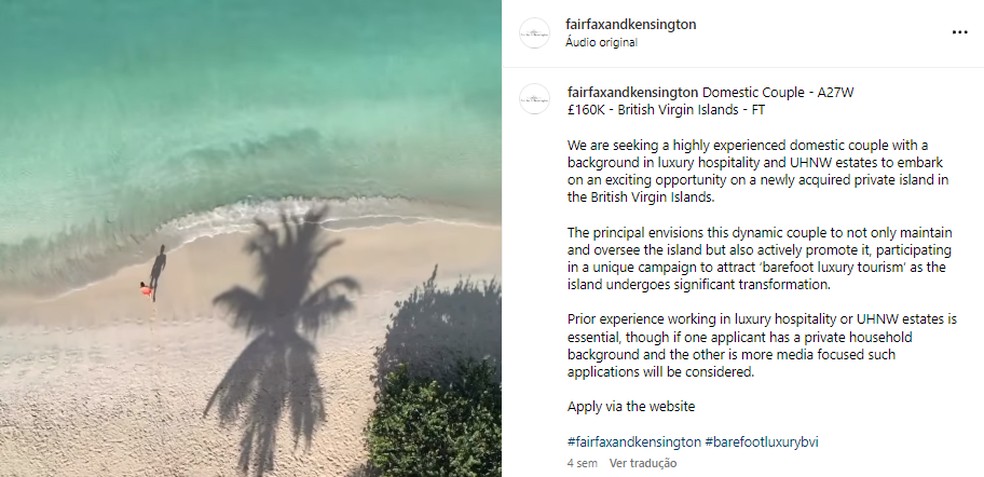 Anúncio para contratação de 'caseiros de luxo' para ilha no Caribe — Foto: Reprodução/Instagram