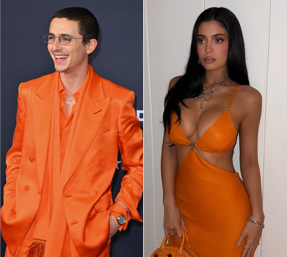 Timothée Chalamet e Kylie Jenner usam roupas laranjas. — Foto:  Angela Weiss/AFP e Reprodução/Instagram