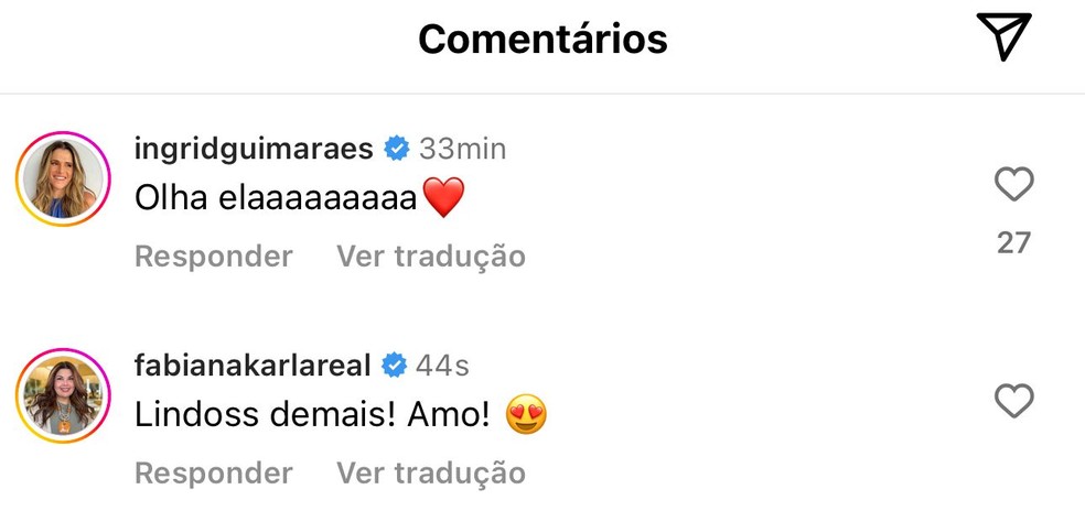 Ingrid Guimarães e Fabiana Karla comentam post de Angélica — Foto: Reprodução Instagram