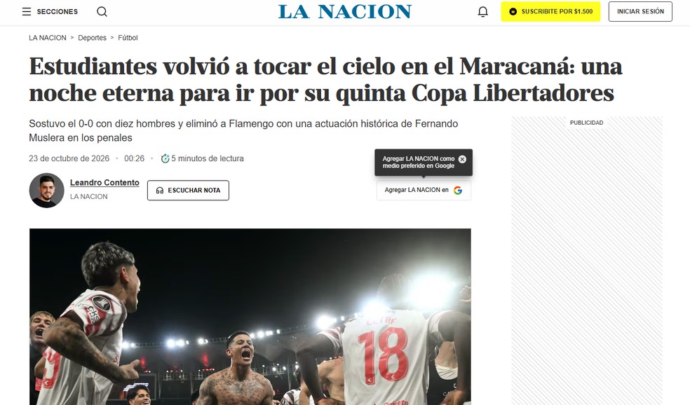 La Nacion repercute eliminação do Flamengo na Libertadores — Foto: Reprodução