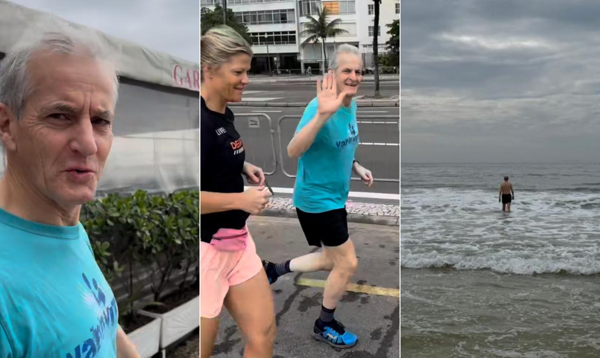 Quase um carioca: primeiro-ministro da Noruega corre na orla, mergulha em Copacabana e apita jogo na areia; vídeo