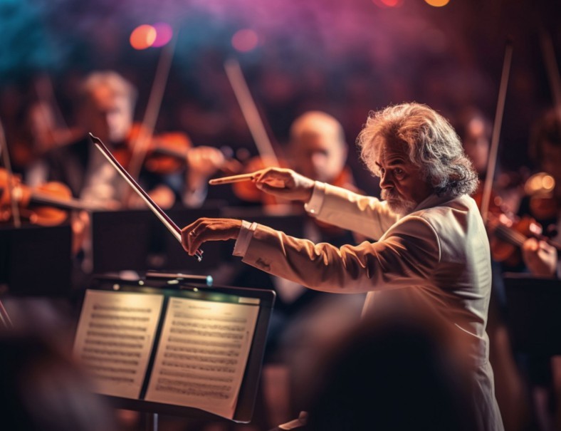 Harmonia: Um maestro conduz uma orquestra, rege com energia, a câmera está de costas para o maestro, os músicos estão de frente para a câmera, ele toca a Nona Sinfonia de Beethoven - Foto: imagem gerada por IA/Midjourney