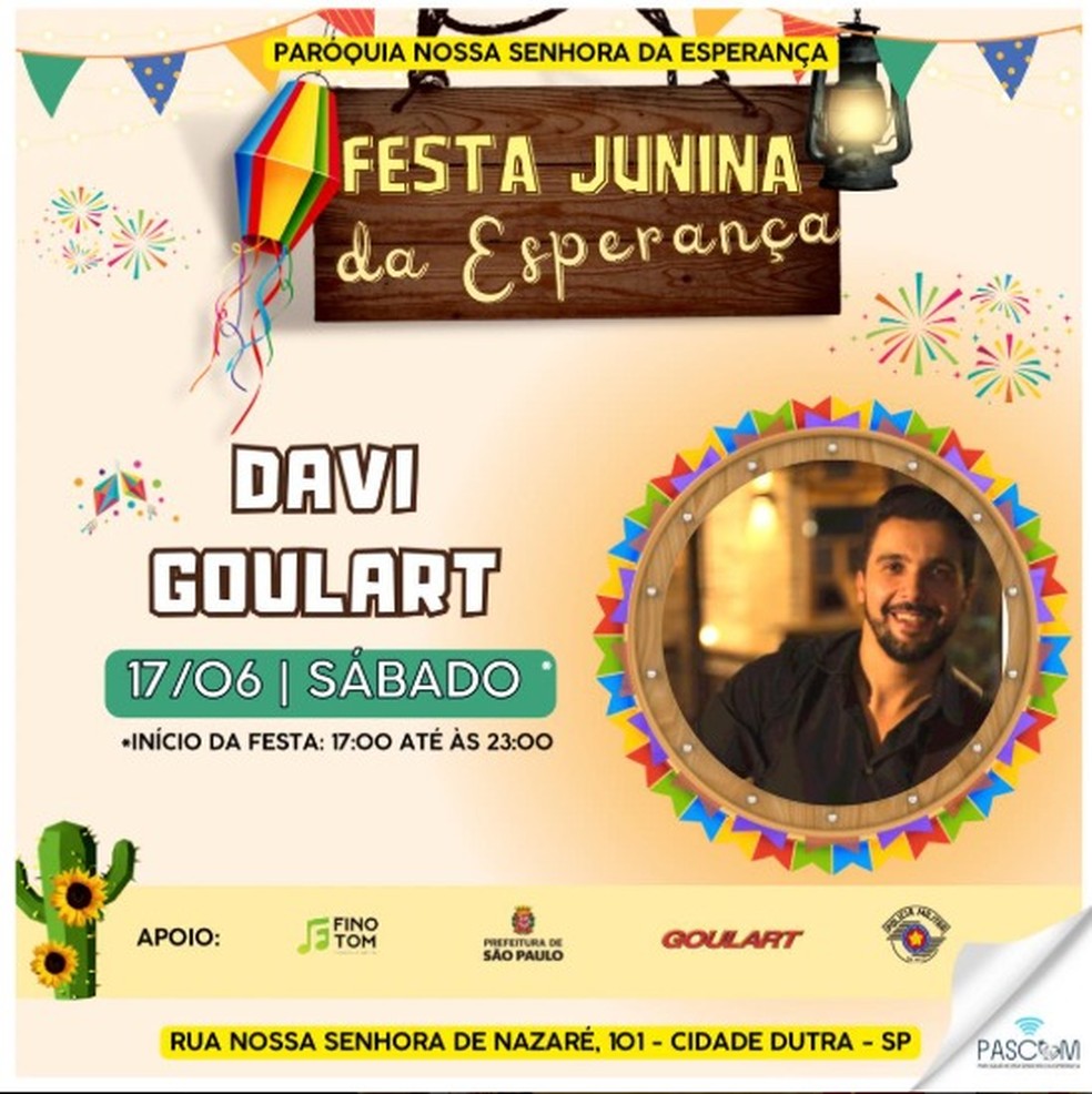 Divulgação de evento com patrocínio da prefeitura e de Rodrigo Goulart no qual o parente foi contratado — Foto: Reprodução / Redes Sociais