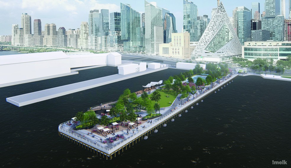 Projeto mostra como ficará o Pier 97, nova área de lazer do Hudson River Park, que será inaugurado em Nova York ainda em 2024 — Foto: Divulgação / New York City Tourism
