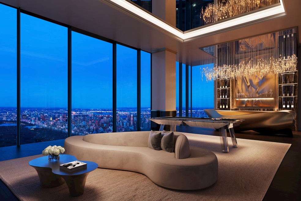 Sala do quarto andar da cobertura, no prédio mais fino do mundo — Foto: Divulgação/Steinway Tower