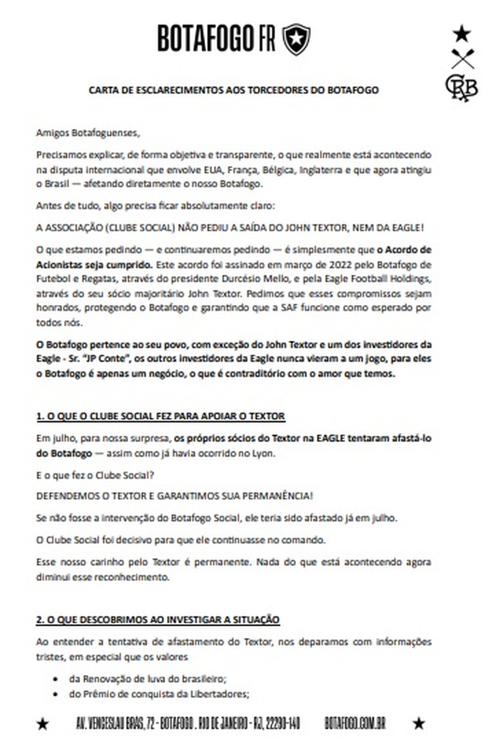 Letter issued by the President of Botafogo against Textor – Photo: Reproduction