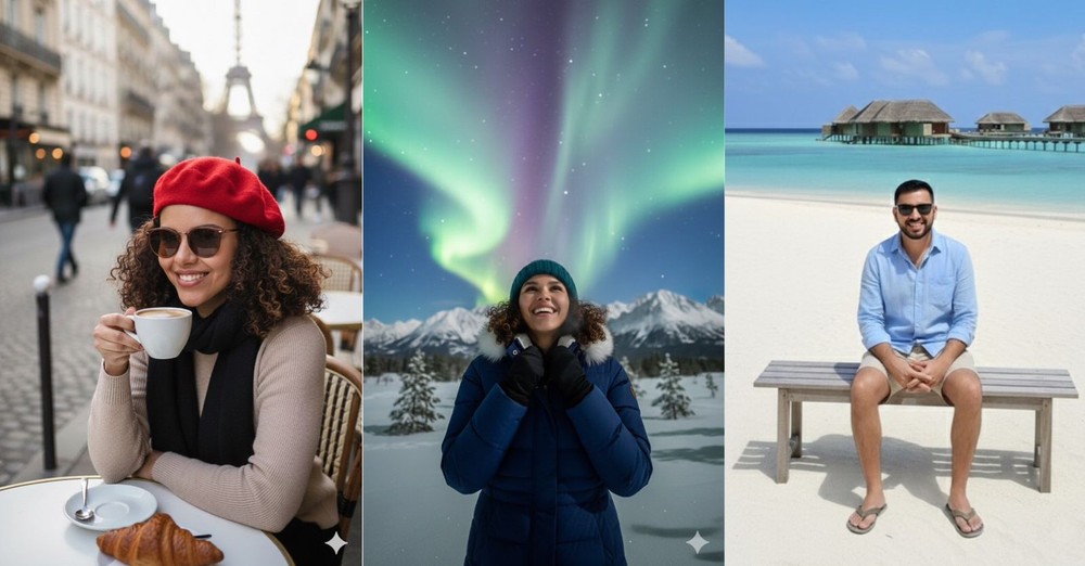 Ferramenta Nano Banana Pro, do Google, cria fotos hiper­realistas de 'férias perfeitas' em poucos segundos. Imagem simulada pelo GLOBO — Foto: Reprodução/Gemini AI