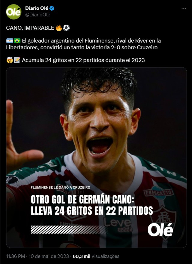 Imprensa argentina volta a enaltecer Cano, do Fluminense, após gol ...