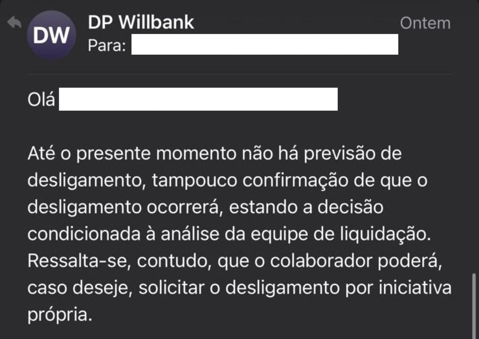 E-mail que os funcionários receberam — Foto: Foto: Arquivo Pessoal