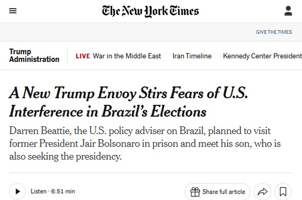 Imprensa internacional repercute visto negado por Lula a assessor de Trump — Foto: Reprodução