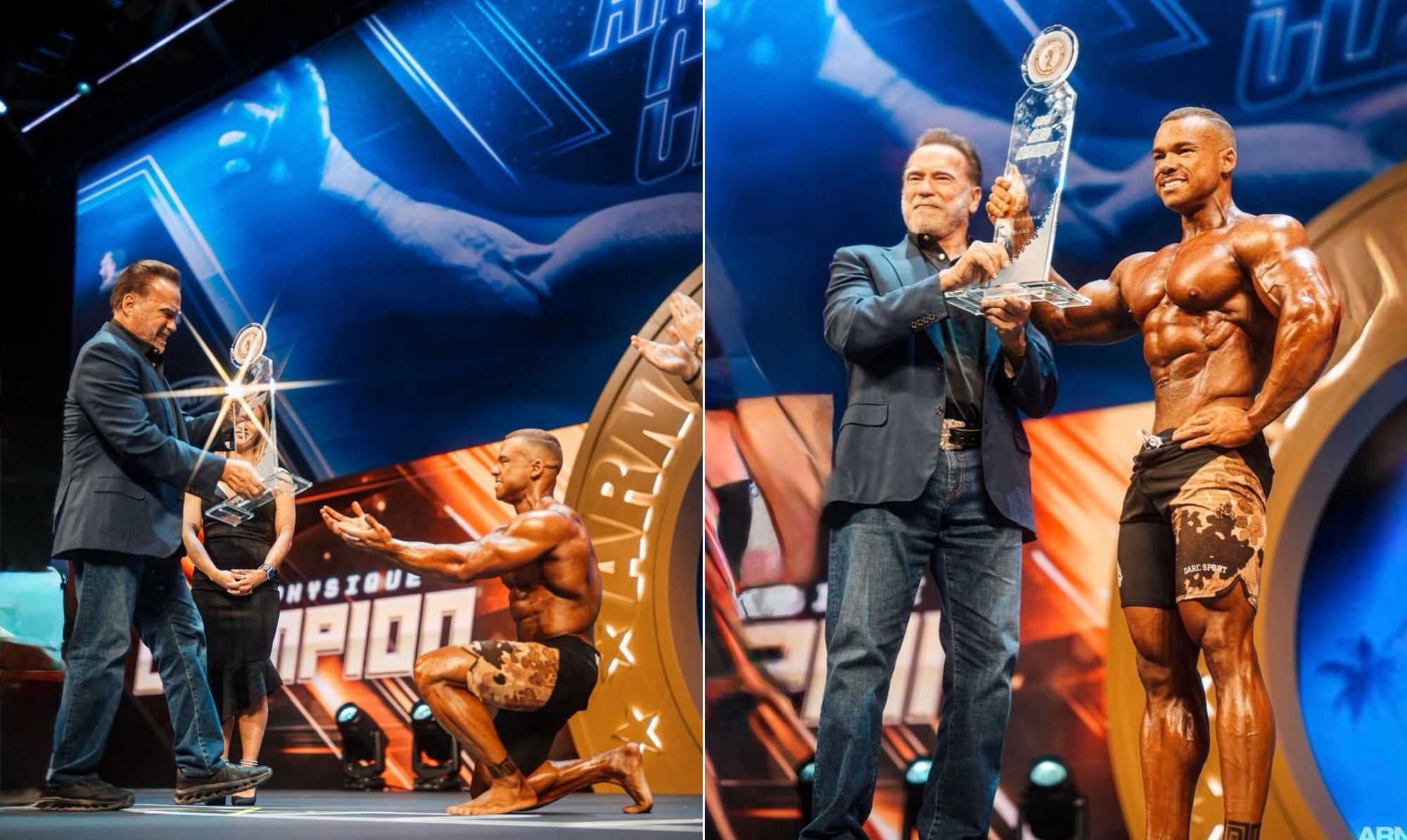 Fisiculturista brasileiro é campeão da Men's Physique no Arnold UK e recebe troféu das mãos de Schwarzenegger