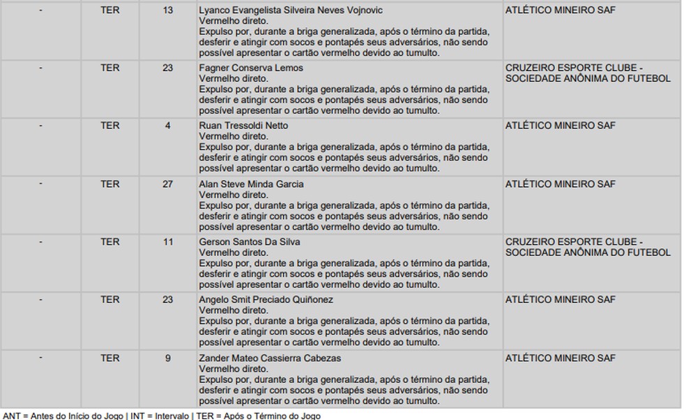 Súmula mostra expulsões — Foto: Reprodução