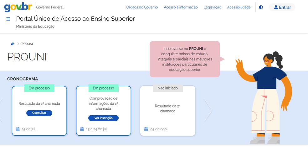 Resultado da primeira chamada do Prouni no segundo semestre j&aacute; est&aacute; dispon&iacute;vel para consulta &mdash; Foto: Reprodu&ccedil;&atilde;o/Minist&eacute;rio da Educa&ccedil;&atilde;o