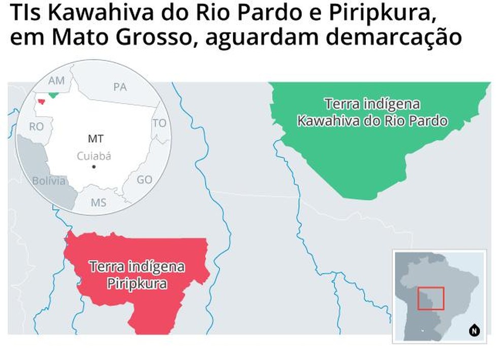 Mapa mostra as Terras Indígenas Kawhiva do Rio Pardo e Piripkura, em Mato Grosso, que aguardam demarcação — Foto: Editoria de Arte