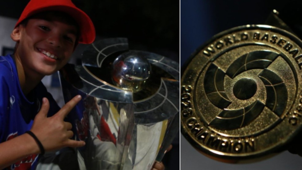 Algumas crianças subiram no trio e tiraram fotos com o troféu (esq.); medalha de campeões do mundo (dir.) — Foto: Reprodução/Facebook