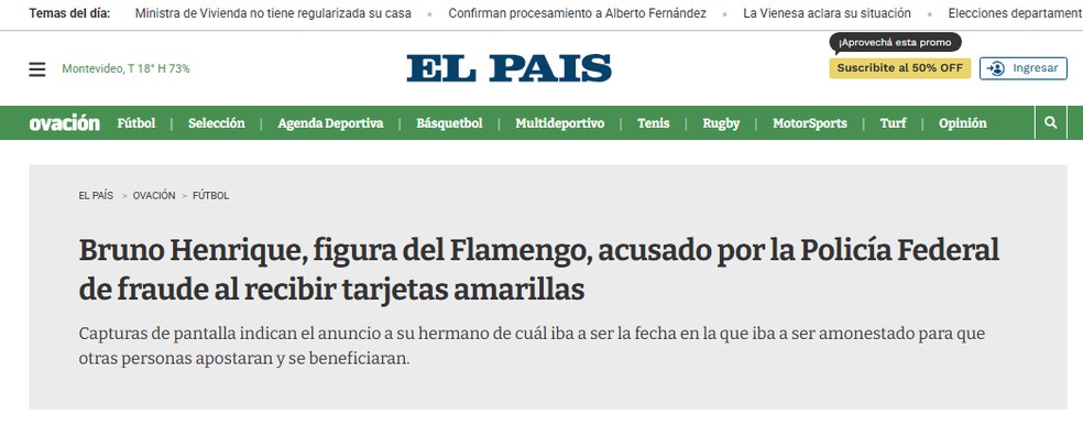El País, do Uruguai, publica sobre caso de Bruno Henrique — Foto: Reprodução