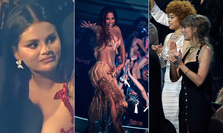 Da esquerda para a direita, Selena Gomez, Anitta e Taylor Swift: diferentes reações diante da brasileira