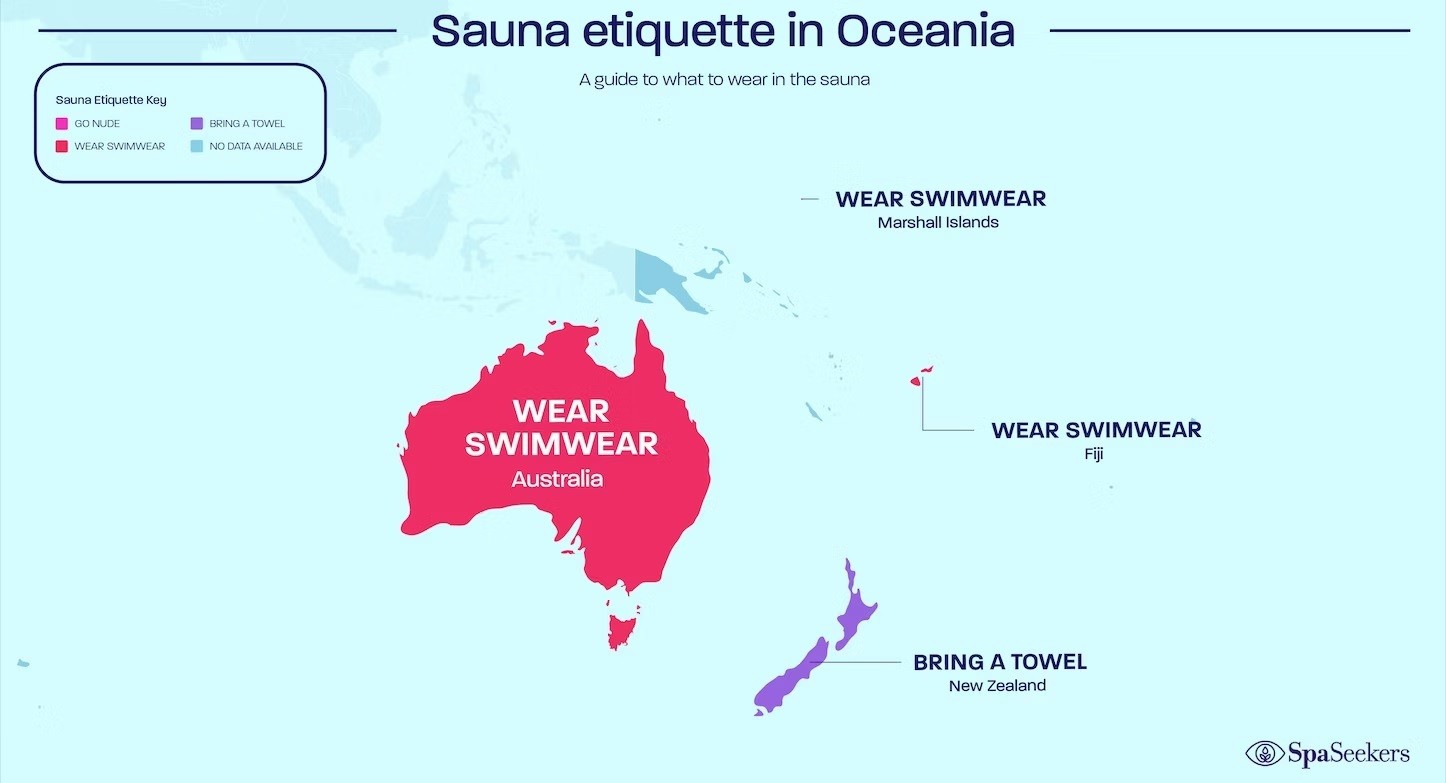 Mapa do SpaSeekers.com mostra a etiqueta para a sauna na Oceania — Foto: Reprodução / SpaSeekers.com