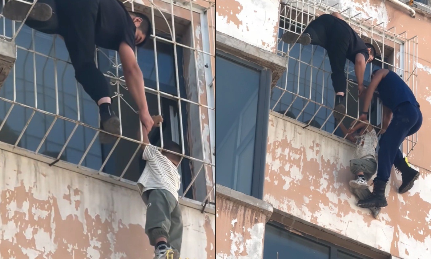 Menino de 5 anos é resgatado após ficar pendurado com a cabeça presa em grades de janela no sexto andar de prédio na China - Foto