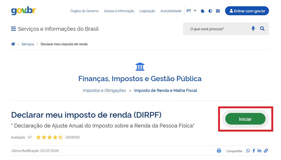 Na página de resumo da declaração, clique em iniciar. — Foto: Reprodução